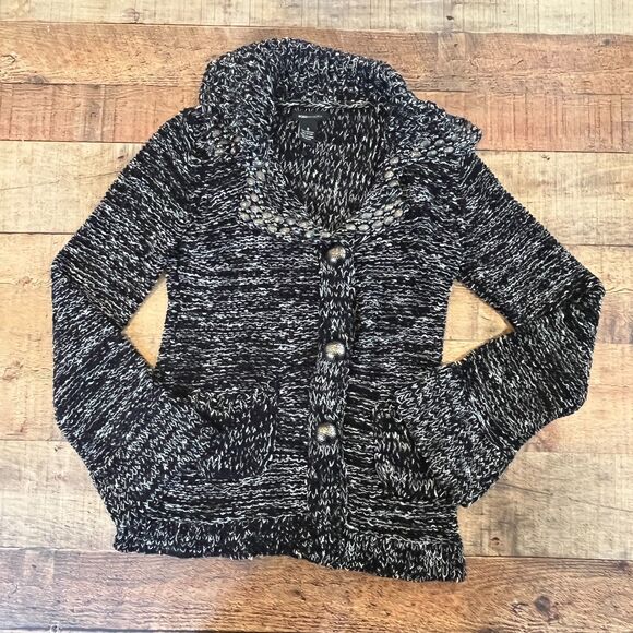 BCBGMAxazria Black White Chunky Knit Cardigan Y2k Sweater Small Beaded Collar - Picture 7 of 7
